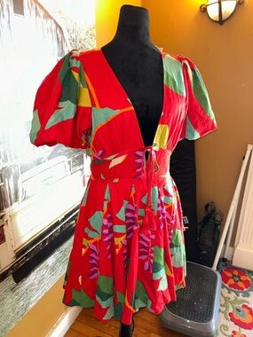 House of Harlow NWT Red Floral Print Tie-Waist Mini Dress